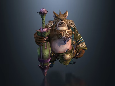 Horned Furry Fantasy Game Character With Muscular Build Ornate Clothing And Floral Staff 3d model