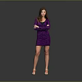 Woman standing with crossed arms in purple sequined dress against gray background white high heels