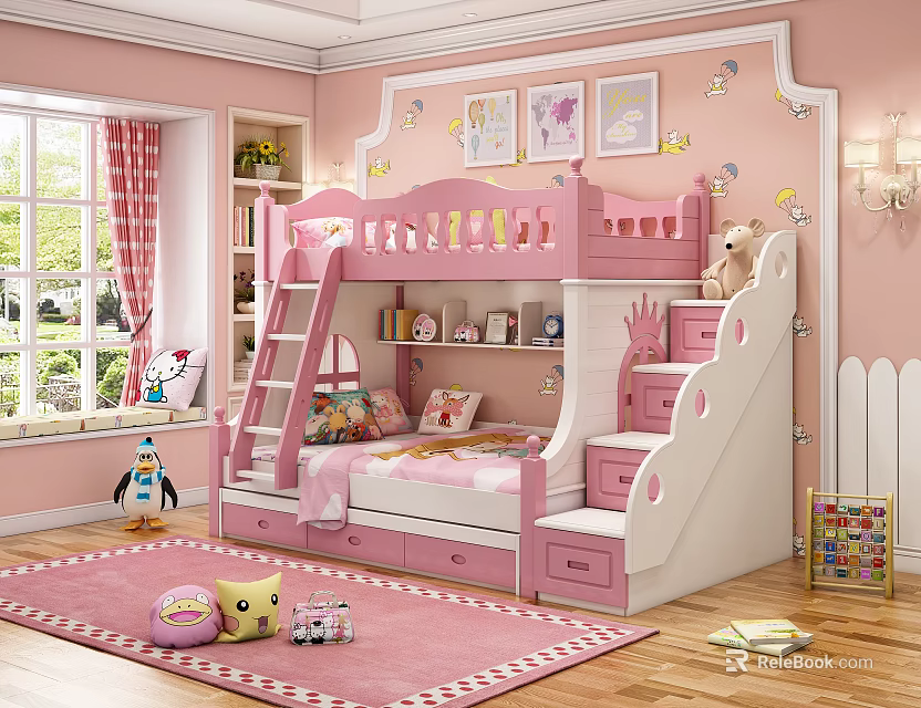 Pink Children's Bunk Bed With Storage Stairs Ladder Wall Art And Stuffed Toys 3d model 