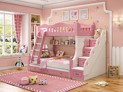 Pink Children's Bunk Bed With Storage Stairs Ladder Wall Art And Stuffed Toys 3d model