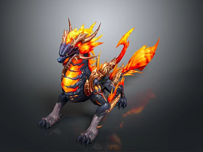 Mythical Dragon Creature With Fiery Flames And Golden Ornaments 3D Rendering 3d model