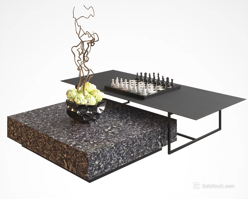 Black Coffee Table With Textured Base Chess Set And Decorative Plant 3d model
