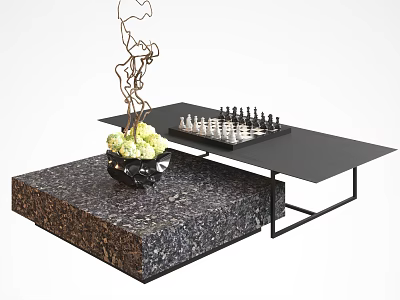 Black Coffee Table With Textured Base Chess Set And Decorative Plant 3d model
