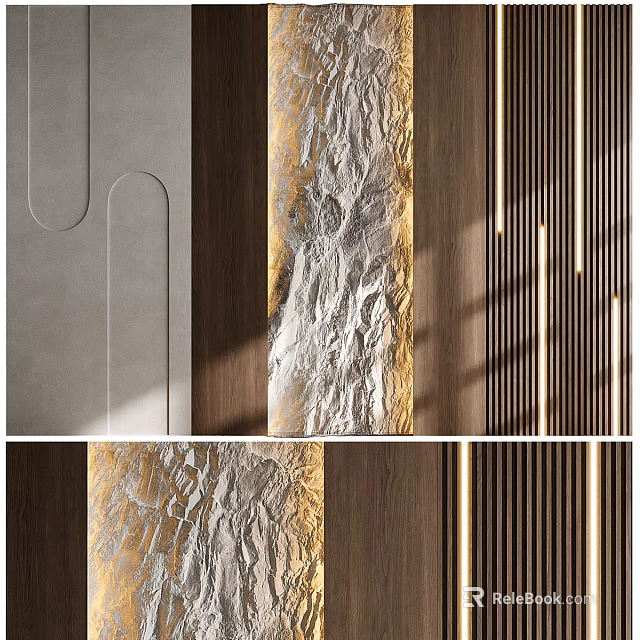 Modern Accent Wall Design Featuring Silver Crinkled Texture Wooden Panels Vertical Stripes And Golden Lighting 3d model 