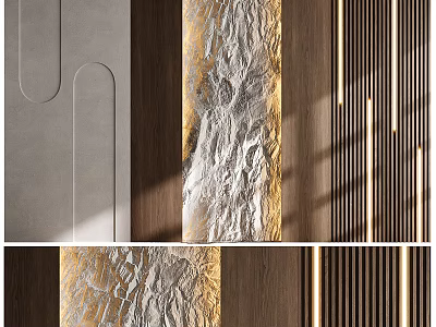 Modern Accent Wall Design Featuring Silver Crinkled Texture Wooden Panels Vertical Stripes And Golden Lighting 3d model