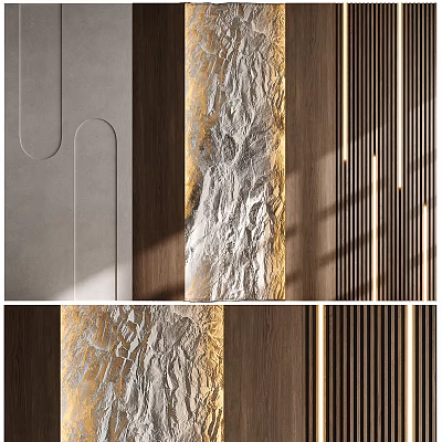 Modern Accent Wall Design Featuring Silver Crinkled Texture Wooden Panels Vertical Stripes And Golden Lighting 3d model