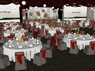 Banquet Hall With Round Tables White Tablecloths Grey Chairs And Red Bows Decorations 3d model
