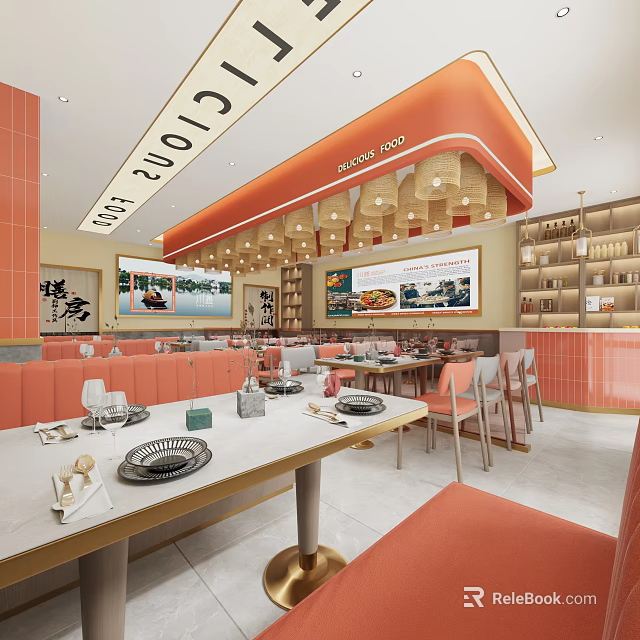 Elegant Orange Themed Restaurant Interior With Lantern Chandeliers Dining Tables Chairs And Decorative Paintings 3d model 