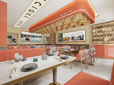 Elegant Orange Themed Restaurant Interior With Lantern Chandeliers Dining Tables Chairs And Decorative Paintings 3d model