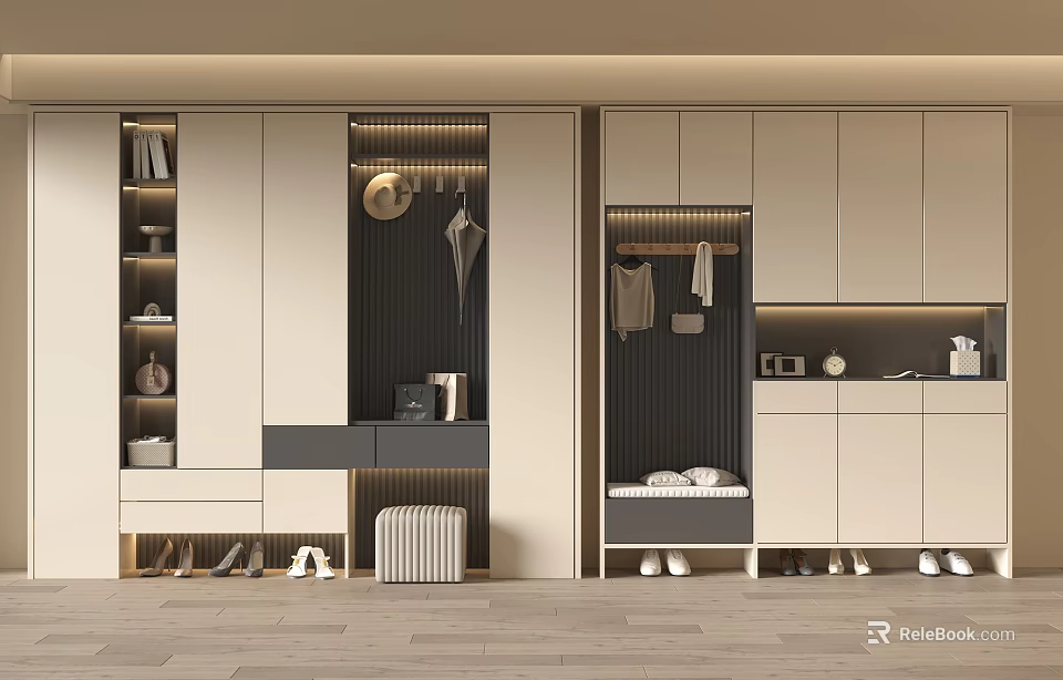 Modern Minimalist Shoe Cabinet With Storage Drawers Hanging Area And LED Lighting For Home Entryway 3d model 