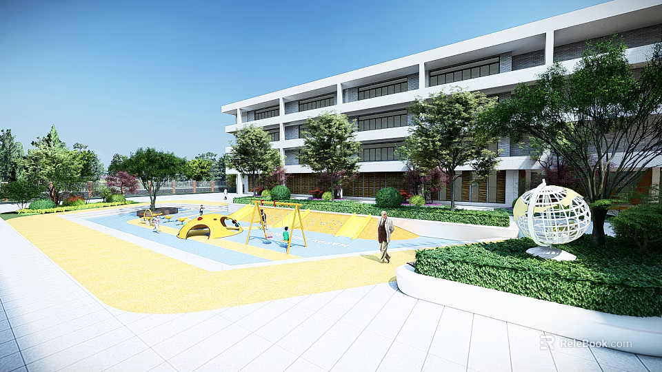 Outdoor Children's Playground With Colorful Flooring Play Equipment And Trees Near School Building 3d model 