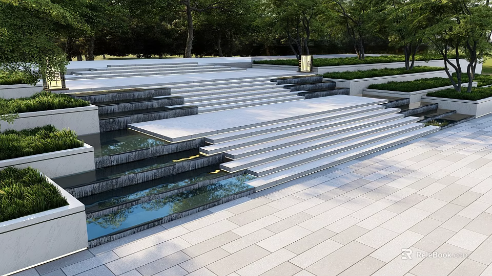 Outdoor Modern Stone Stairs With Water Feature And Surrounding Greenery Trees 3d model 