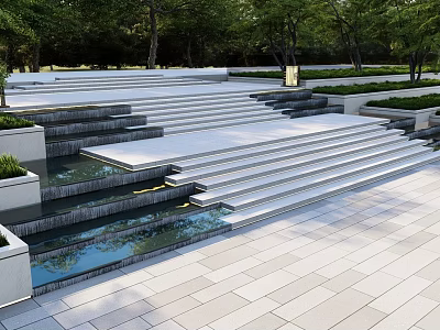 Outdoor Modern Stone Stairs With Water Feature And Surrounding Greenery Trees 3d model