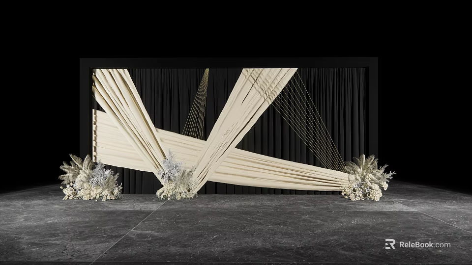 Artistic Floral Art Installation With White Flowers Geometric Drapery And Black Backdrop 3d model 