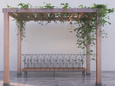 Outdoor Wooden Pergola With Green Vines Hanging Lantern And Decorative Bench 3d model