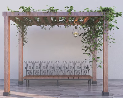 Outdoor Wooden Pergola With Green Vines Hanging Lantern And Decorative Bench 3d model