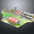 Detailed Miniature Landscape Model With Red Roof Buildings Train Tracks And Trees