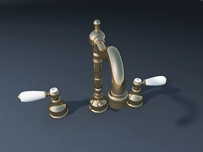 Vintage Golden Bathroom Faucet With White Handles And Elegant Classic Design 3d model