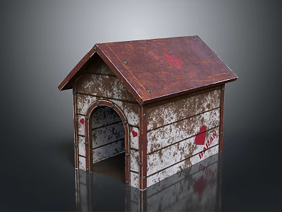 Rusty Metal Dog House With Brown Roof And Red Paw Prints Design 3d model