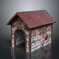 Rusty Metal Dog House With Brown Roof And Red Paw Prints Design