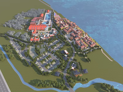 Aerial Planning of Coastal Residential Area With Buildings Roads Green Spaces and Waterfront 3d model