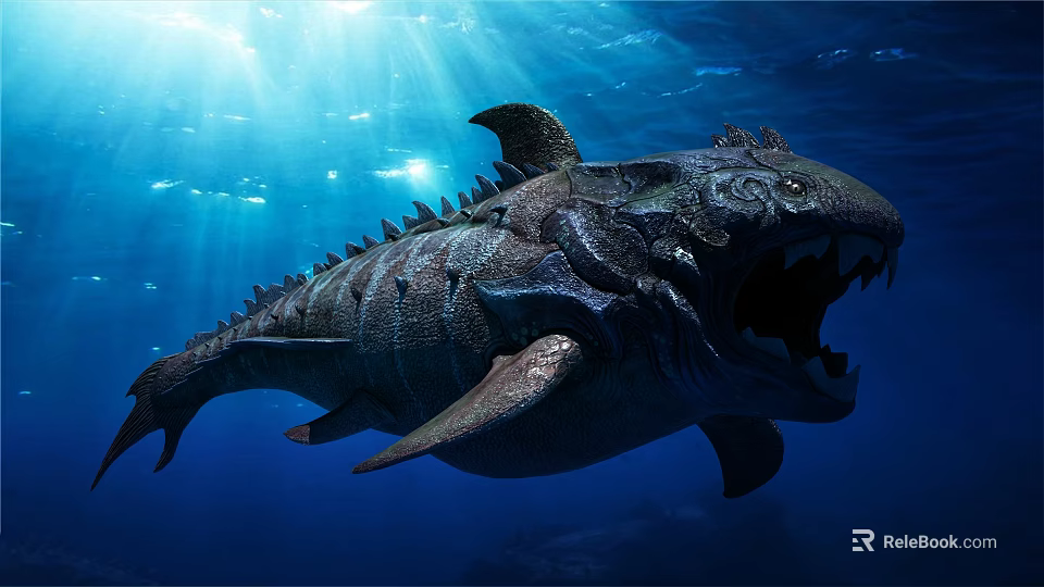 Swimming Aquatic Reptile With Open Mouth Sharp Teeth And Spiked Back In Underwater Sunlight 3d model 
