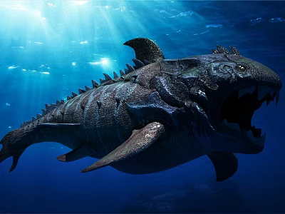 Swimming Aquatic Reptile With Open Mouth Sharp Teeth And Spiked Back In Underwater Sunlight 3d model