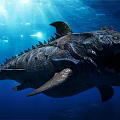 Swimming Aquatic Reptile With Open Mouth Sharp Teeth And Spiked Back In Underwater Sunlight