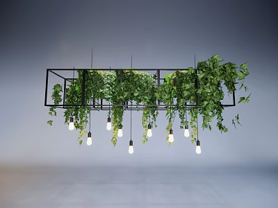 Modern Hanging Chandelier With Black Frame Green Vines And Light Bulbs 3d model