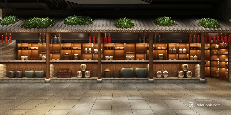 Traditional Commercial Street With Wooden Shelves Earthen Jars And Green Plants 3d model 