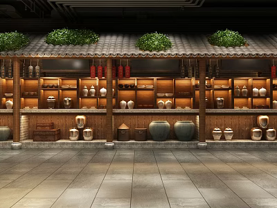 Traditional Commercial Street With Wooden Shelves Earthen Jars And Green Plants 3d model
