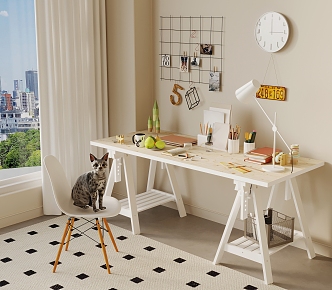 Cream Style Desk Chair Writing Desk Study Table Wall Decorations Wall Clock 3d model