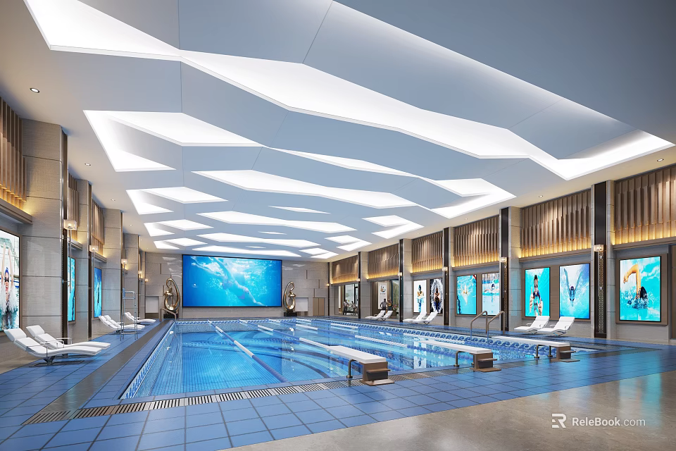 Modern Luxury Indoor Swimming Pool With Loungers And Lighting 3d model 