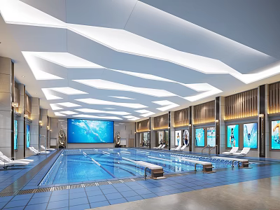 Modern Luxury Indoor Swimming Pool With Loungers And Lighting 3d model