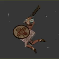 Game Film Character With Feathered Headdress Tattoos And Large Machete Running With Flying Debris