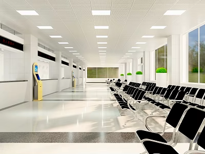 Spacious Service Hall Interior With Black Waiting Chairs Self Service Kiosks And Bright Lighting 3d model