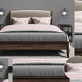 Double Bed With Upholstered Headboard Wooden Frame Gray Bedding Patterned Pillows Black Nightstands Pendant Lights 3d model