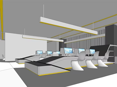 Modern Public Office Space With Open Layout Workstations Computers And White Office Chairs 3d model