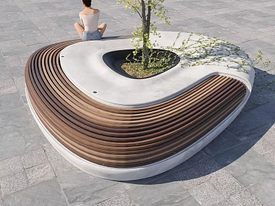 Curved Outdoor Chair Featuring Wooden Slats Concrete Base And Small Tree In Center 3d model