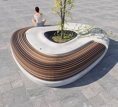 Curved Outdoor Chair Featuring Wooden Slats Concrete Base And Small Tree In Center 3d model