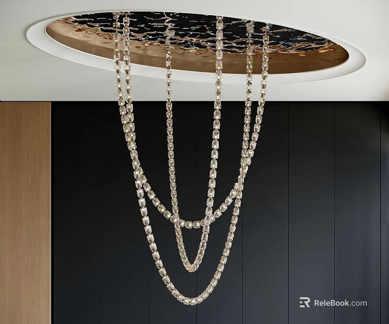 Elegant Multi Layered Crystal Chain Chandelier Hanging From Ceiling Over Black Wall With Wooden Panel 3d model 