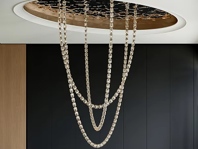 Elegant Multi Layered Crystal Chain Chandelier Hanging From Ceiling Over Black Wall With Wooden Panel 3d model