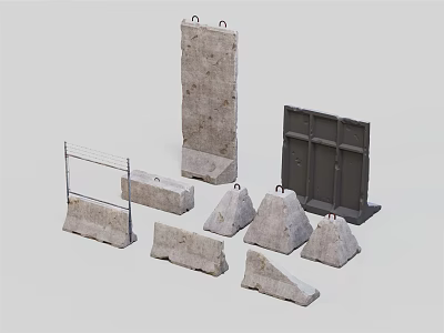Concrete Traffic Barriers And Roadblocks With Various Shapes And Metal Frames 3d model