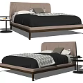 Modern Double Bed With Upholstered Headboard Gray Patterned Bedding And Wooden Frame Nightstand 3d model