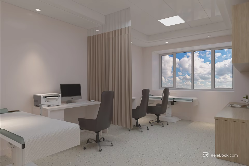 Clean Bright Light Colored Room Interior With Bed Computer Printer Desks Chairs And Large Windows 3d model