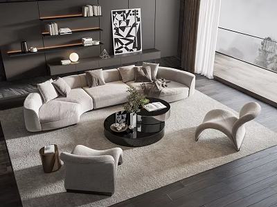 Modern Beige L Shaped Sofa and Black Round Coffee Table Set with Armchairs and Artwork 3d model