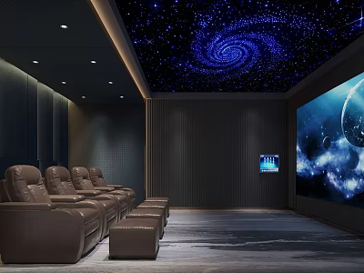 Stunning Home Theater Interior Featuring Starry Ceiling Large Screen And Comfortable Leather Recliners 3d model