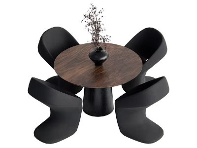 Modern Dining Set with Round Wooden Table Black Vase Plant and Four Black Chairs 3d model