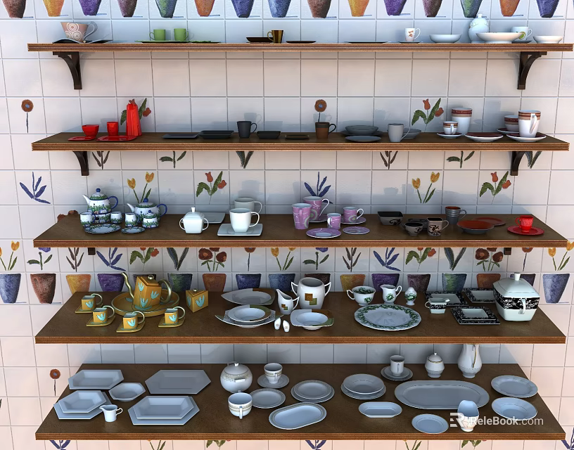 Vibrant Dinnerware Set Display on Shelves with Floral Tiles and Assorted Bowls Plates Cups 3d model 
