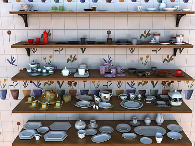 Vibrant Dinnerware Set Display on Shelves with Floral Tiles and Assorted Bowls Plates Cups 3d model